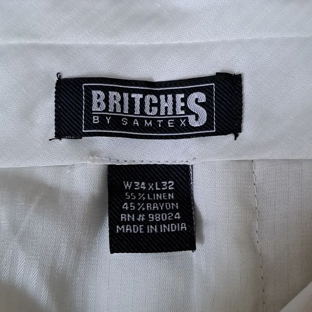 Britches by Samtex Men's Linen Blend Cream Pants 34x32 Front Pleats Cuffed Hem
